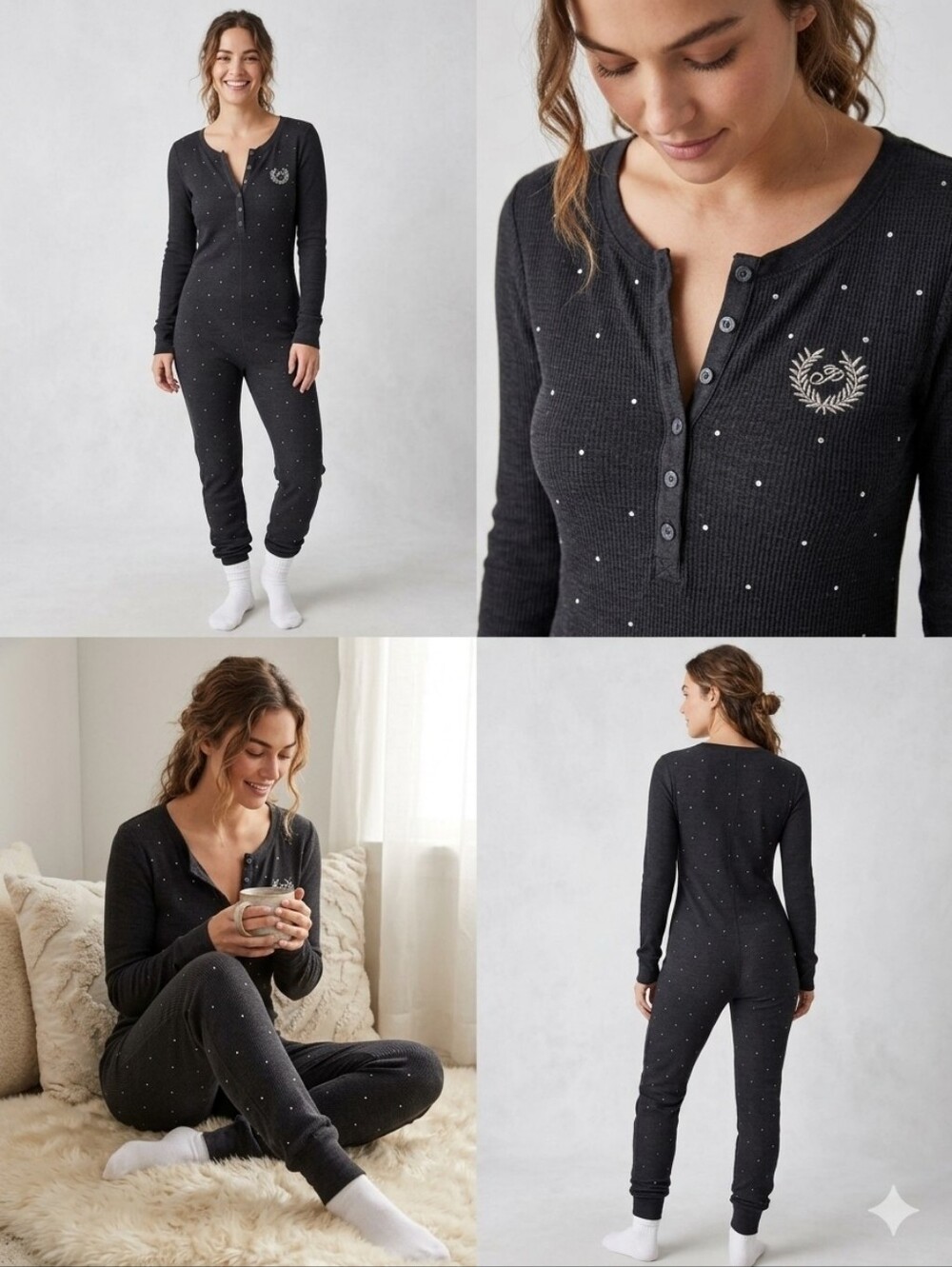 NWT Victoria's Secret PINK Black Bling Rhinestone Thermal One Piece Onesie M